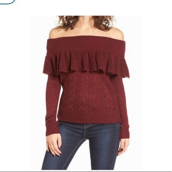 Wayf Ruffle Off The Shoulder Sweater size XS maroon color fall winter - Picture 2 of 9